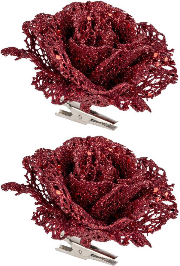 Cosy & Trendy 2x stuks decoratie bloemen roos rood glitter op clip 10 cm Kunstbloemen