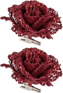 Cosy @ Home 2x stuks decoratie bloemen roos rood glitter op clip 10 cm Kunstbloemen