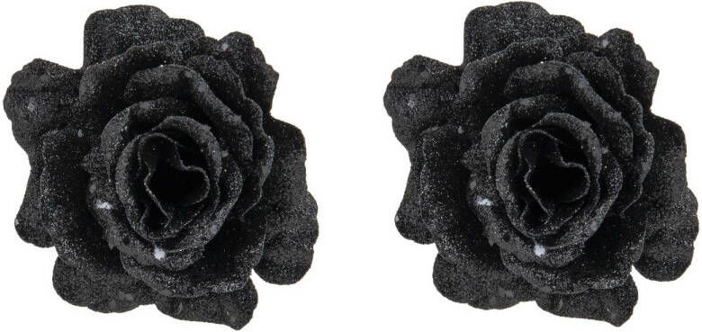 Cosy & Trendy 2x stuks decoratie bloemen roos zwart glitter op clip 10 cm Kunstbloemen