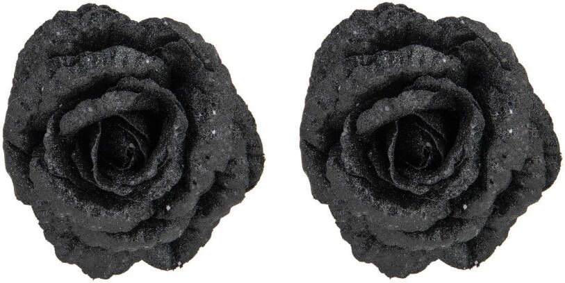 Cosy & Trendy 2x stuks decoratie bloemen roos zwart glitter op clip 15 cm Kunstbloemen