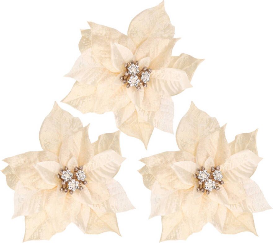 Cosy @ Home 3x stuks decoratie bloemen kerstster creme wit op clip 18 cm Kunstbloemen