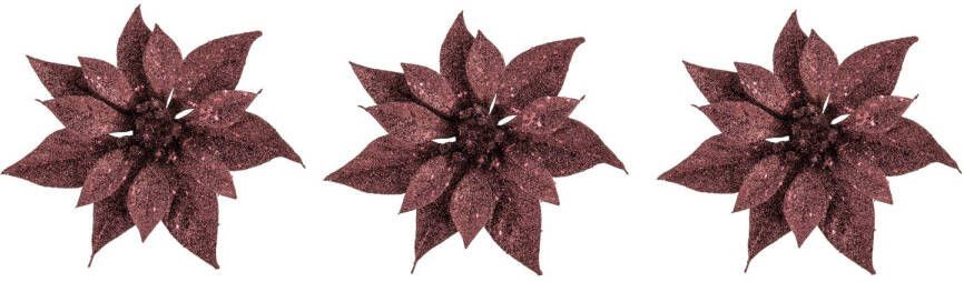 Cosy & Trendy 3x stuks decoratie bloemen kerstster donkerrood glitter op clip 18 cm Kunstbloemen