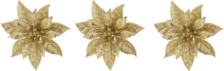 Cosy & Trendy 3x stuks decoratie bloemen kerstster goud glitter op clip 15 cm Kunstbloemen