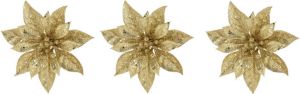 Cosy @ Home 3x stuks decoratie bloemen kerstster goud glitter op clip 15 cm Kunstbloemen