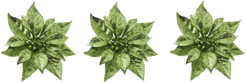 Cosy & Trendy 3x stuks decoratie bloemen kerstster groen glitter op clip 18 cm Kunstbloemen