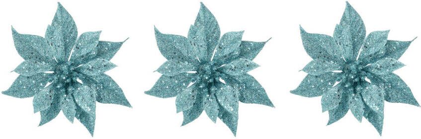 Cosy & Trendy 3x stuks decoratie bloemen kerstster ijsblauw glitter op clip 18 cm Kunstbloemen