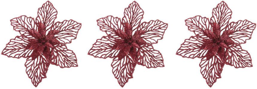 Cosy & Trendy 3x stuks decoratie bloemen kerstster rood glitter op clip 17 cm Kunstbloemen