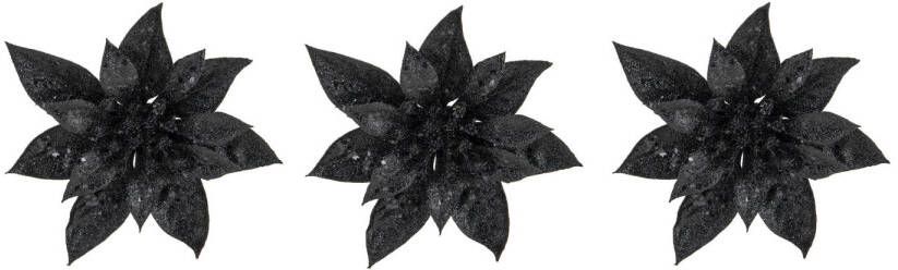 Cosy & Trendy 3x stuks decoratie bloemen kerstster zwart glitter op clip 15 cm Kunstbloemen
