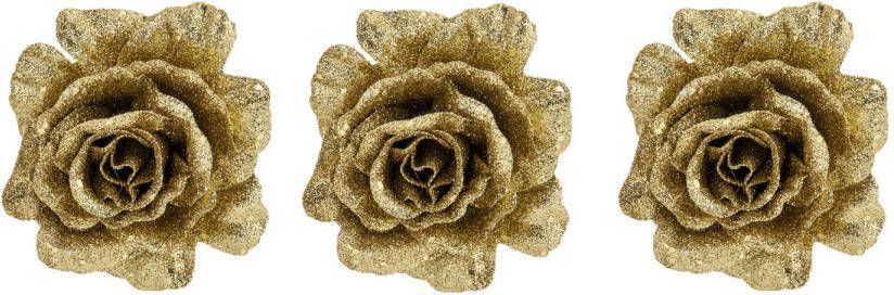 Cosy & Trendy 6x stuks decoratie bloemen roos goud glitter op clip 10 cm Kunstbloemen