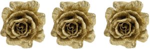 Cosy @ Home 6x stuks decoratie bloemen roos goud glitter op clip 10 cm Kunstbloemen