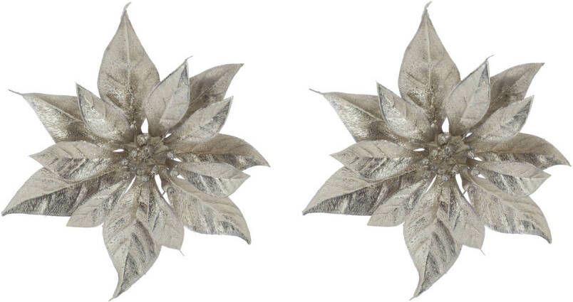 Cosy & Trendy 2x stuks decoratie bloemen kerstster champagne glitter op clip 18 cm Kunstbloemen
