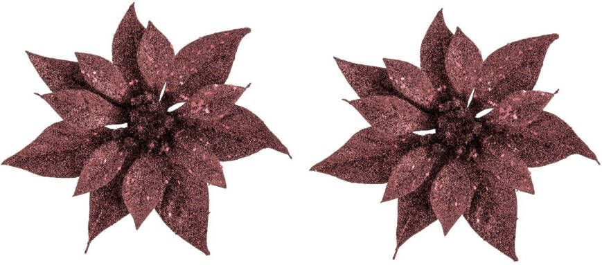 Cosy & Trendy 2x stuks decoratie bloemen kerstster donkerrood glitter op clip 18 cm Kunstbloemen
