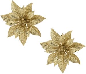 Cosy @ Home 2x Stuks Decoratie Bloemen Kerstster Goud Glitter Op Clip 15 Cm Kersthangers