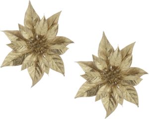 Cosy @ Home 2x Stuks Decoratie Bloemen Kerstster Goud Glitter Op Clip 18 Cm Kersthangers