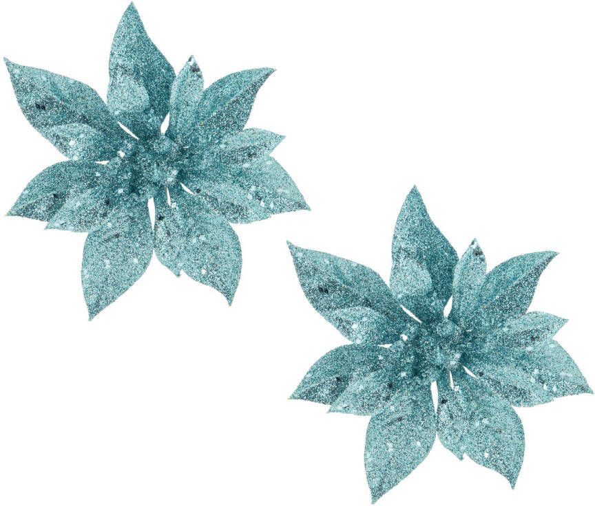 Cosy @ Home 2x Stuks Decoratie Bloemen Kerstster Ijsblauw Glitter Op Clip 15 Cm Kersthangers