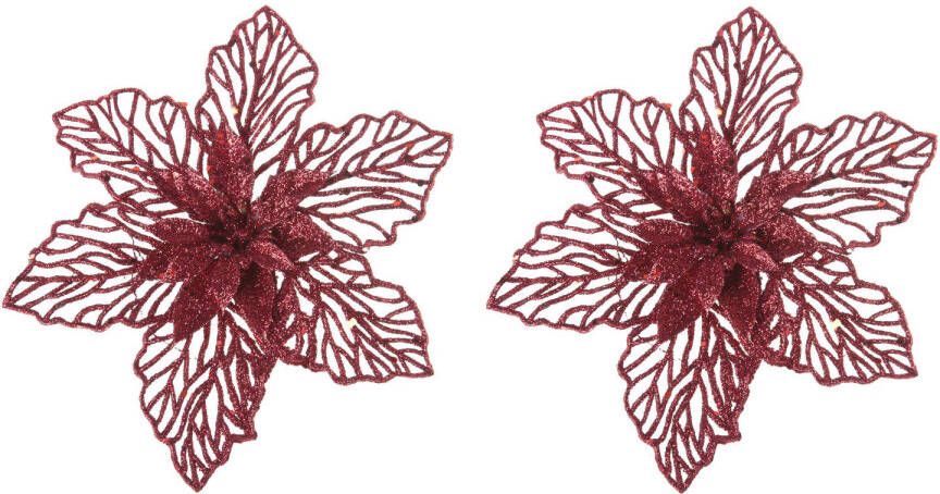 Cosy & Trendy 2x stuks decoratie bloemen kerstster rood glitter op clip 17 cm Kunstbloemen