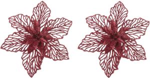 Cosy @ Home 2x Stuks Decoratie Bloemen Kerstster Rood Glitter Op Clip 17 Cm Kersthangers