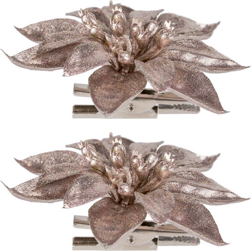 Cosy & Trendy 2x stuks decoratie bloemen kerstster roze glitter op clip 9 cm Kunstbloemen