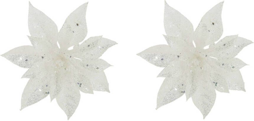 Cosy & Trendy 2x stuks decoratie bloemen kerstster wit glitter op clip 15 cm Kunstbloemen