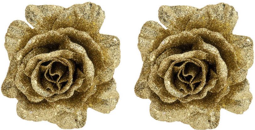 Cosy & Trendy 2x stuks decoratie bloemen roos goud glitter op clip 10 cm Kunstbloemen