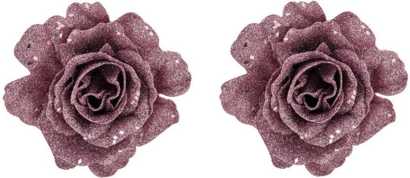 Cosy @ Home 2x Stuks Decoratie Bloemen Roos Roze Glitter Op Clip 10 Cm Kersthangers