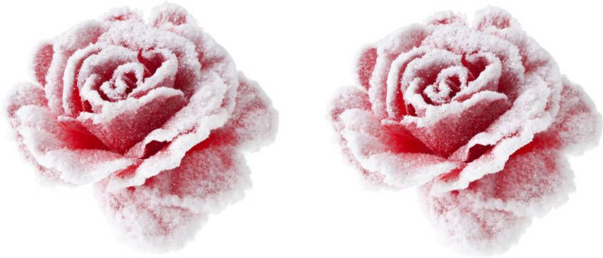 Cosy @ Home 2x Stuks Decoratie Bloemen Roos Roze Met Sneeuw Op Clip 15 Cm Kersthangers