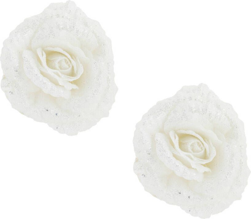 Cosy & Trendy 2x stuks decoratie bloemen roos wit glitter op clip 18 cm Kunstbloemen