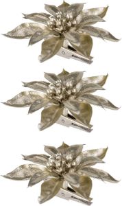 Cosy @ Home 3x stuks decoratie bloemen kerststerren champagne glitter op clip 9 cm Decoratiebloemen kerstboomversiering Kunstbloemen