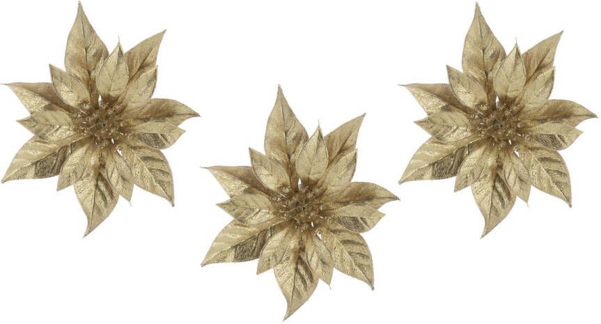 Cosy @ Home 3x stuks decoratie bloemen kerststerren goud glitter op clip 18 cm Decoratiebloemen kerstboomversiering Kunstbloemen