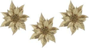 Cosy @ Home 3x stuks decoratie bloemen kerststerren goud glitter op clip 18 cm Decoratiebloemen kerstboomversiering Kunstbloemen