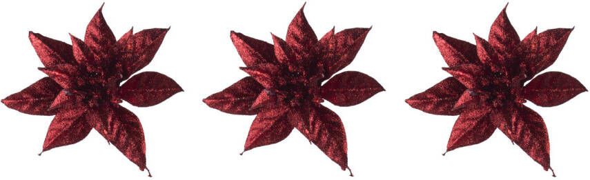 Cosy @ Home 3x Stuks Decoratie Bloemen Kerstster Rood Glitter Op Clip 15 Cm Kersthangers