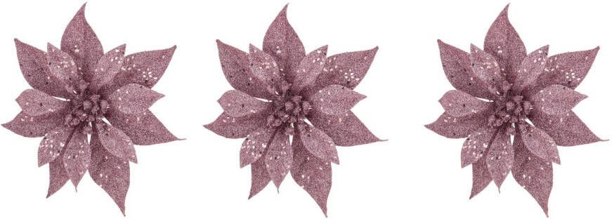 Cosy @ Home 3x Stuks Decoratie Bloemen Kerstster Roze Glitter Op Clip 18 Cm Kersthangers