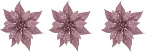 Cosy @ Home 3x stuks decoratie bloemen kerststerren roze glitter op clip 18 cm Decoratiebloemen kerstboomversiering Kunstbloemen