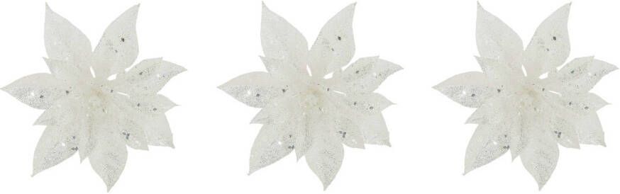 Cosy @ Home 3x Stuks Decoratie Bloemen Kerstster Wit Glitter Op Clip 15 Cm Kersthangers
