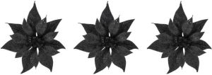 Cosy @ Home 3x stuks decoratie bloemen kerststerren zwart glitter op clip 18 cm Decoratiebloemen kerstboomversiering Kunstbloemen