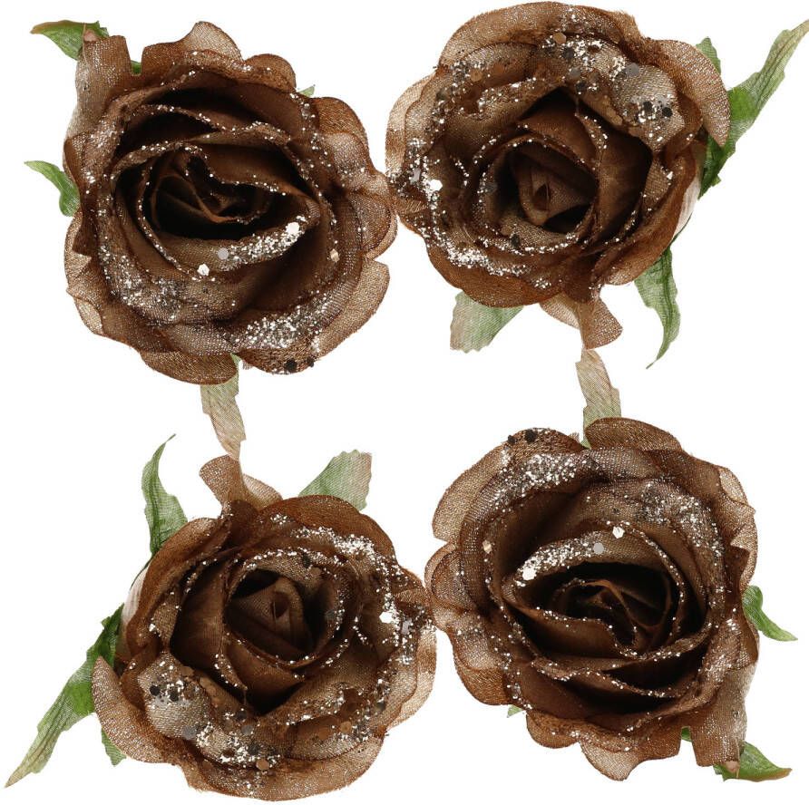 Cosy & Trendy 4x stuks decoratie bloemen roos goud bruin glitter op clip 10 cm Kunstbloemen
