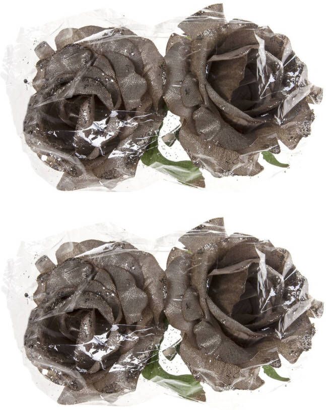 Cosy & Trendy 4x stuks decoratie bloemen roos zilver glitter op clip 10 cm Kunstbloemen