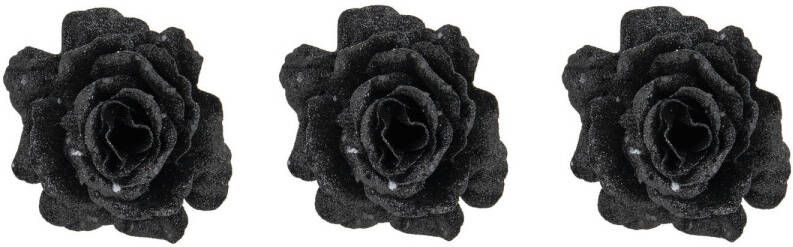 Cosy & Trendy 4x stuks decoratie bloemen roos zwart glitter op clip 10 cm Kunstbloemen