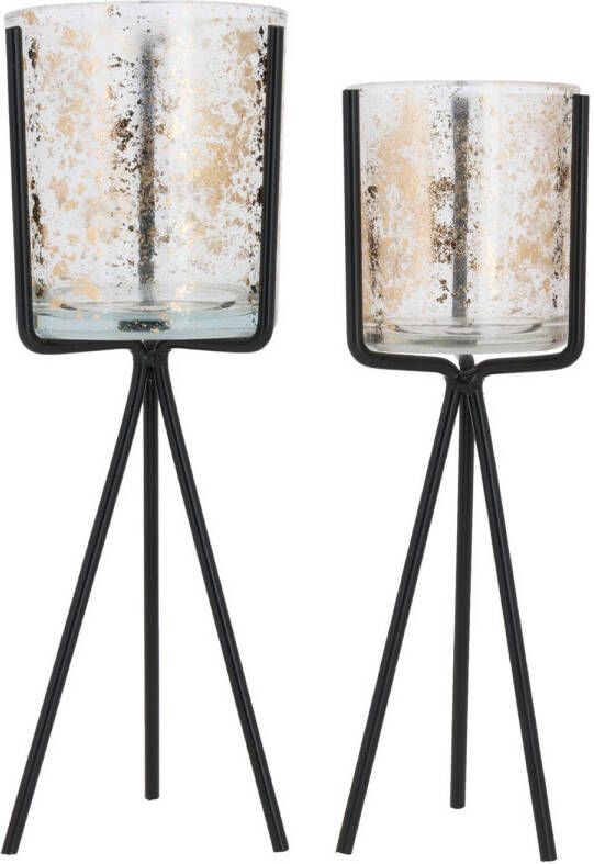 Cosy @ Home Set van 2x stuks glazen theelichthouder waxinelichthouder op metalen voet 23 26 cm Kaarsenhouder Waxinelichtjeshouders