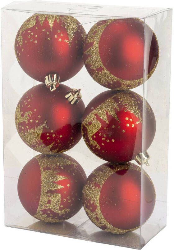 Cosy @ Home kerstballen gedecoreerd 6x 8 cm kunststof -rood goud Kerstbal