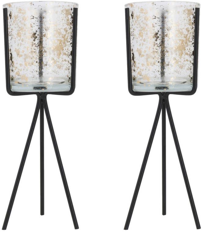 Cosy @ Home Set van 2x stuks glazen theelichthouder waxinelichthouder op metalen voet 26 cm Waxinelichtjeshouders