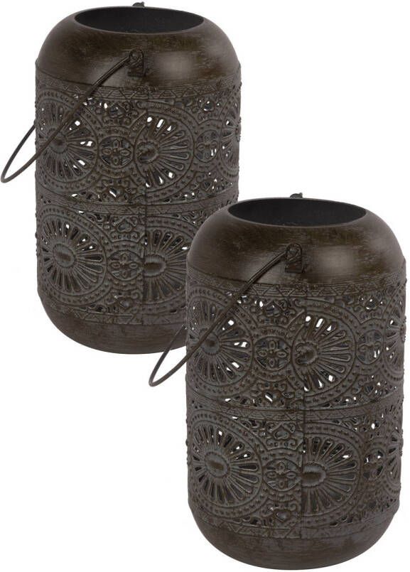 Cosy @ Home Set van 2x stuks metalen theelichthouder lantaarn bruin 11 x 18 cm Waxinelichtjeshouders