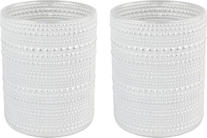 Countryfield 2x stuks luxe theelichthouder kaarsenhouder parel wit zilver glas D7 x H8 cm Windlichten