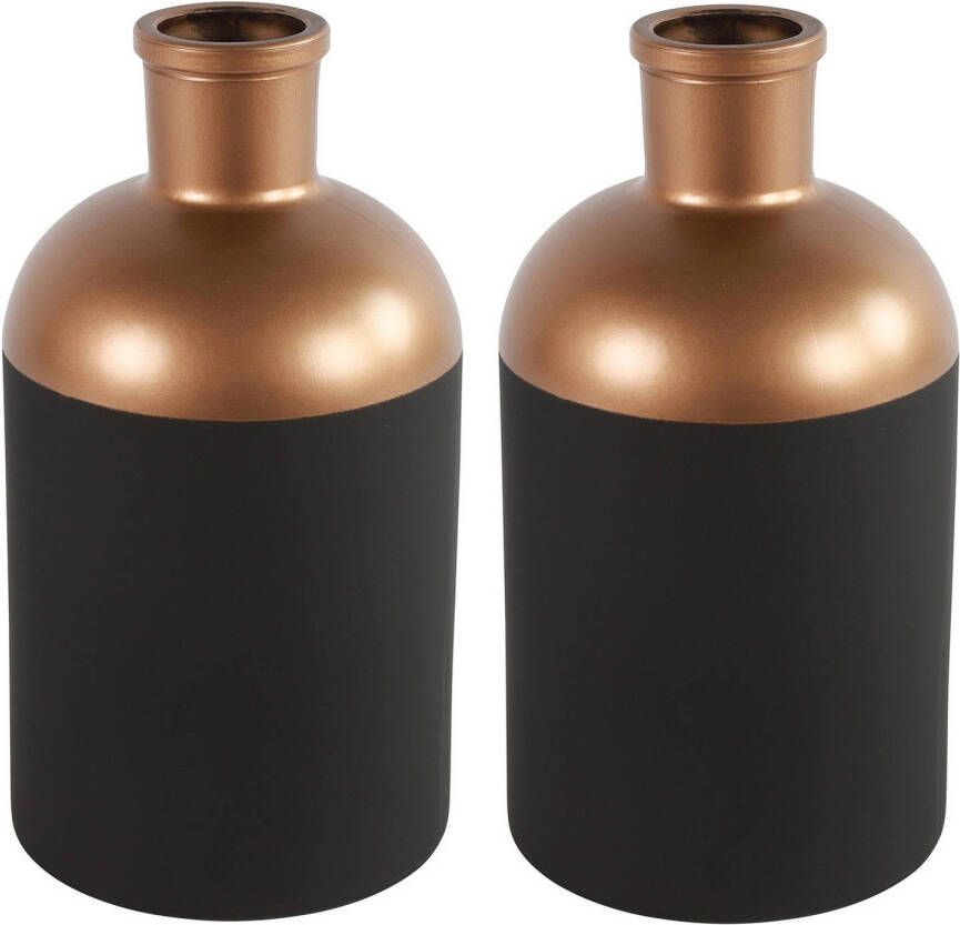 Countryfield Bloemen deco vaas 2x zwart koper glas luxe fles vorm D14x H26 cm Vazen