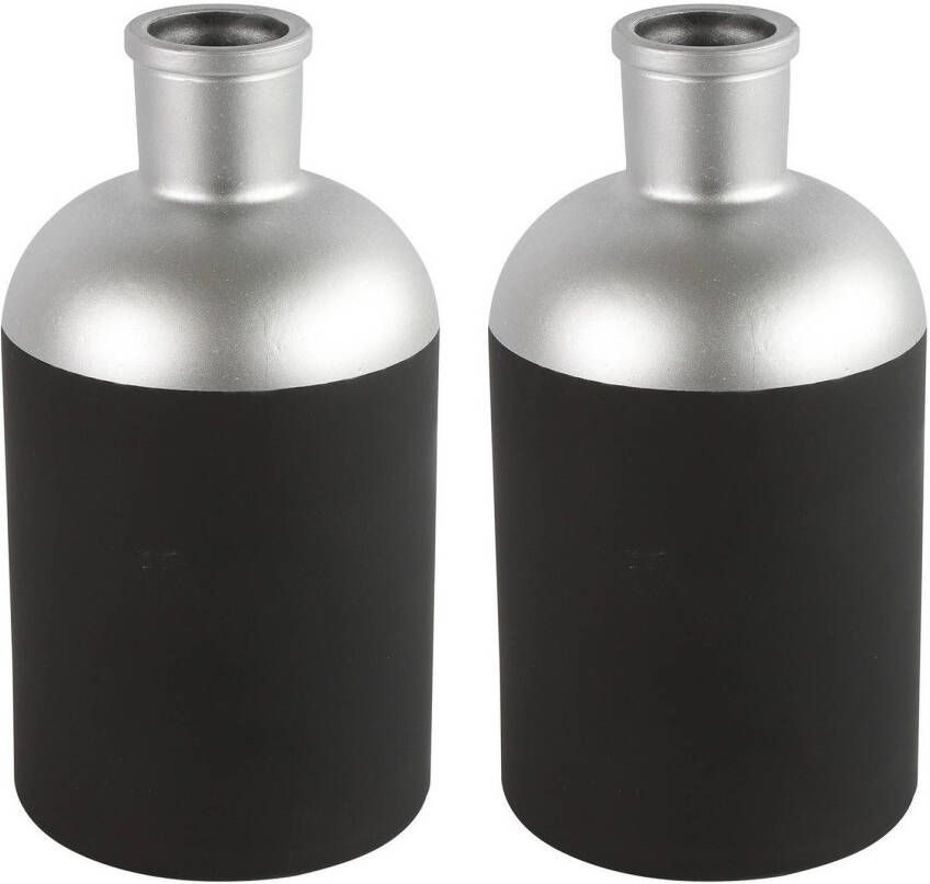Countryfield Bloemen deco vaas 2x zwart zilver glas luxe fles vorm D14 x H26 cm Vazen