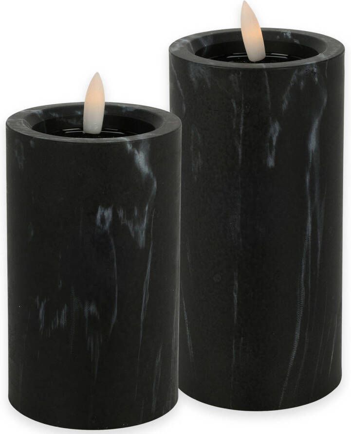 Countryfield LED kaarsen stompkaarsen set 2x zwart marmer look H12 5 en H15 cm timer warm wit LED kaarsen