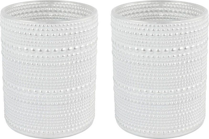 Countryfield 2x stuks luxe theelichthouder kaarsenhouder parel wit zilver glas D10 x H12 cm Windlichten