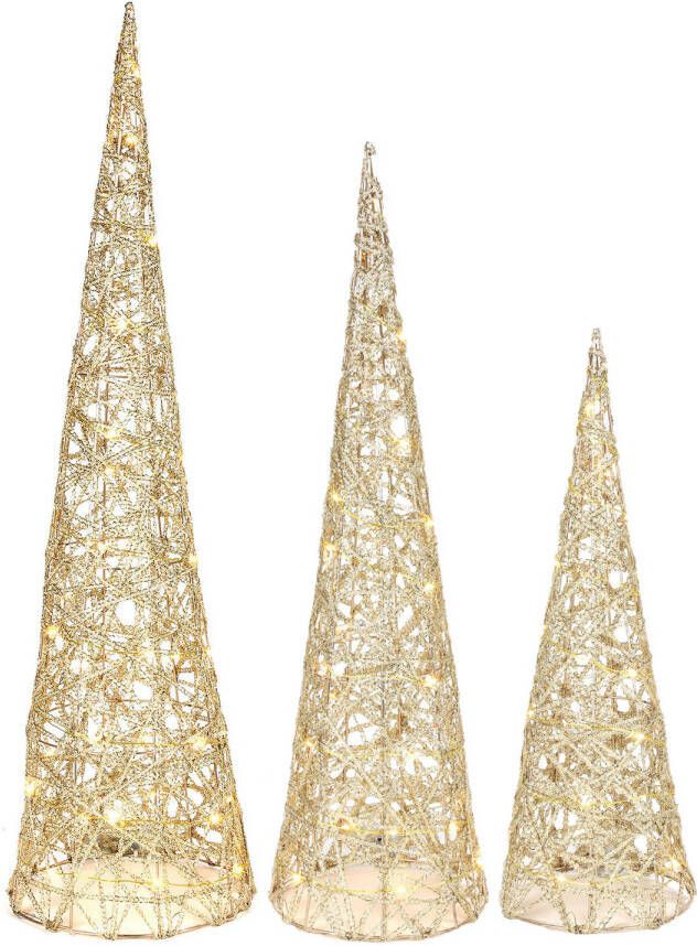 Countryfield Verlichte LED kegels kerstboom 3x st goud H40 H60 en H80 cm kerstverlichting figuur