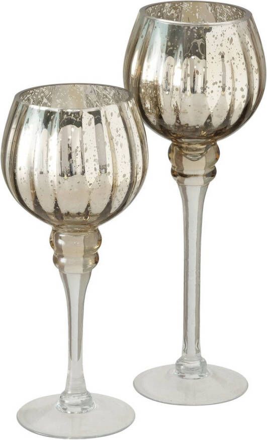 Deco by Boltze Luxe glazen design kaarsenhouders windlichten set van 2x stuks metallic champagne 25-30 cm kaars kandelaars