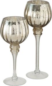 Deco by Boltze Luxe glazen design kaarsenhouders windlichten set van 2x stuks metallic champagne goud met formaat tussen de 25 en 30 cm kaars kandelaars